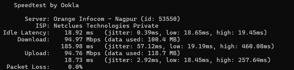 Network Speed test result