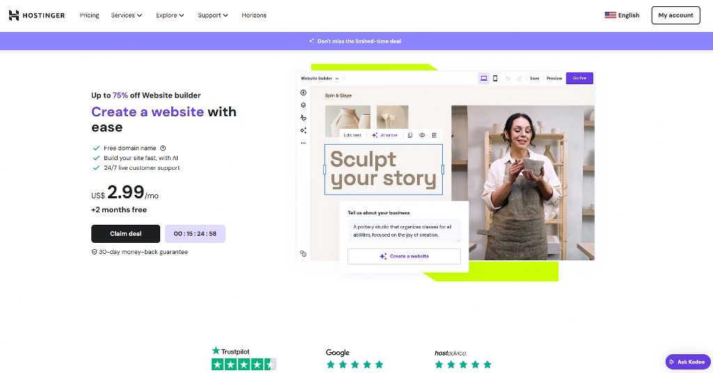 Hostinger website builder webpage.