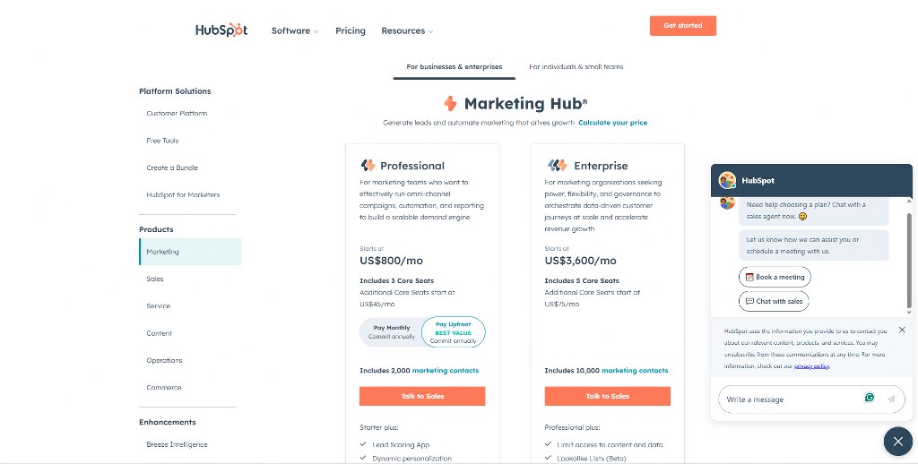 HubSpot pricing page.
