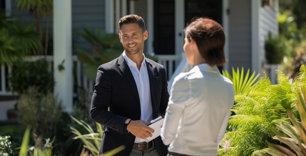 Insurance agent talking to a client outside her property.