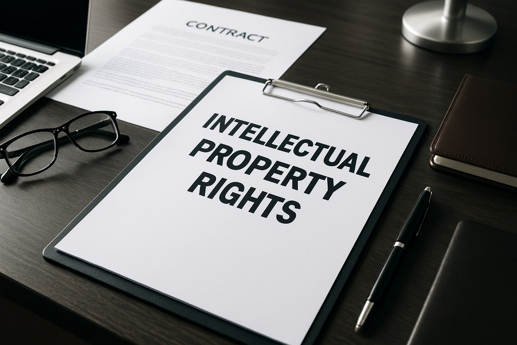 Intellectual property rights documents on an office desk.