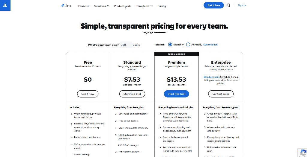 Jira pricing page.