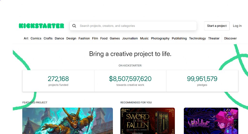 Kickstarter website homepage.