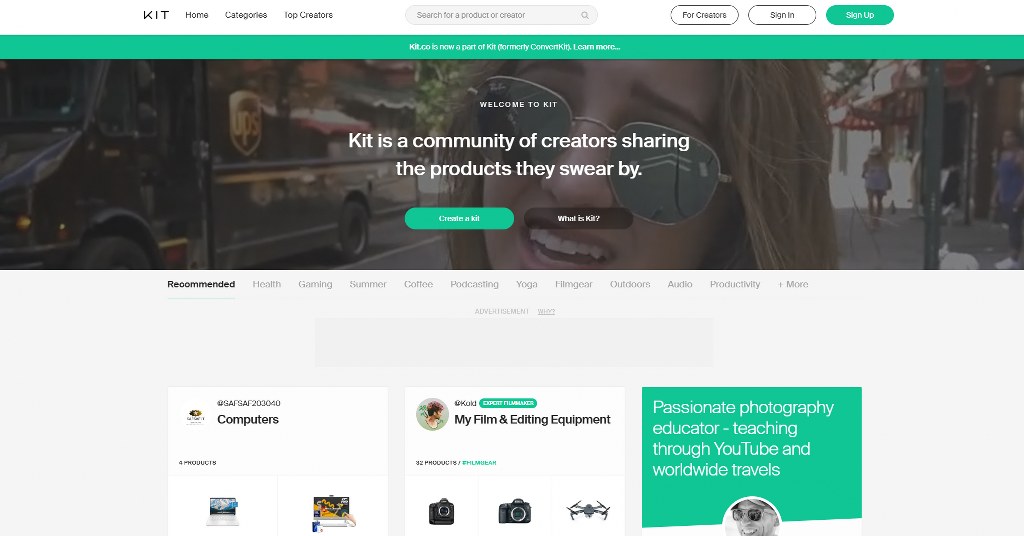 Kit website homepage.