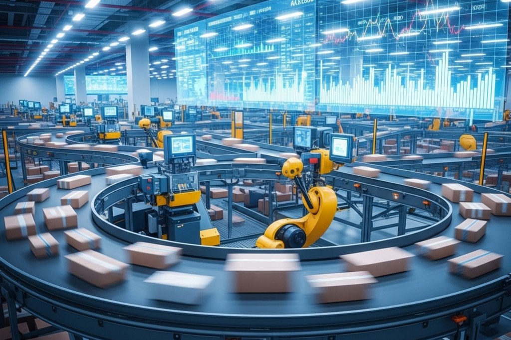 Logistics hub where advanced robotics and automated conveyor belts sort packages.