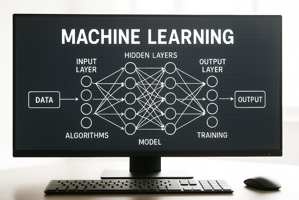 Machine learning illustration on a computer monitor.