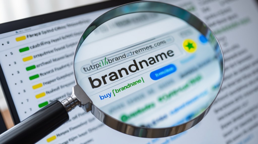Magnifying glass focused on brand name