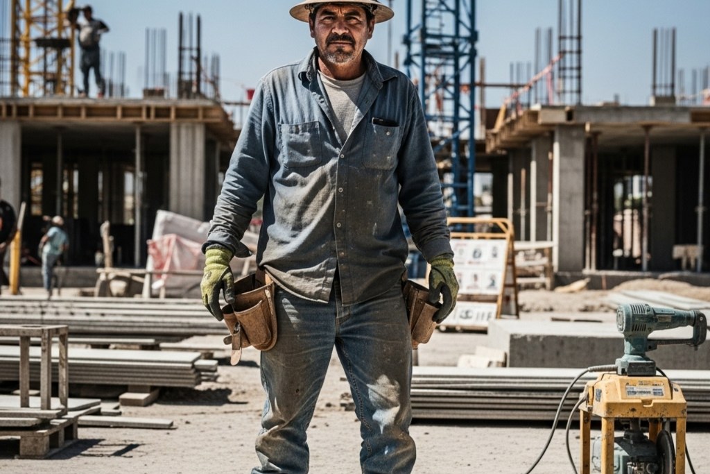 Male mature construction laborer standing.