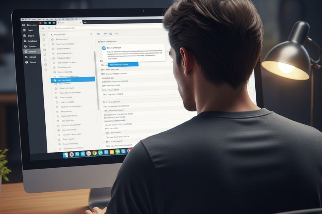 Male person crafting email on desktop.