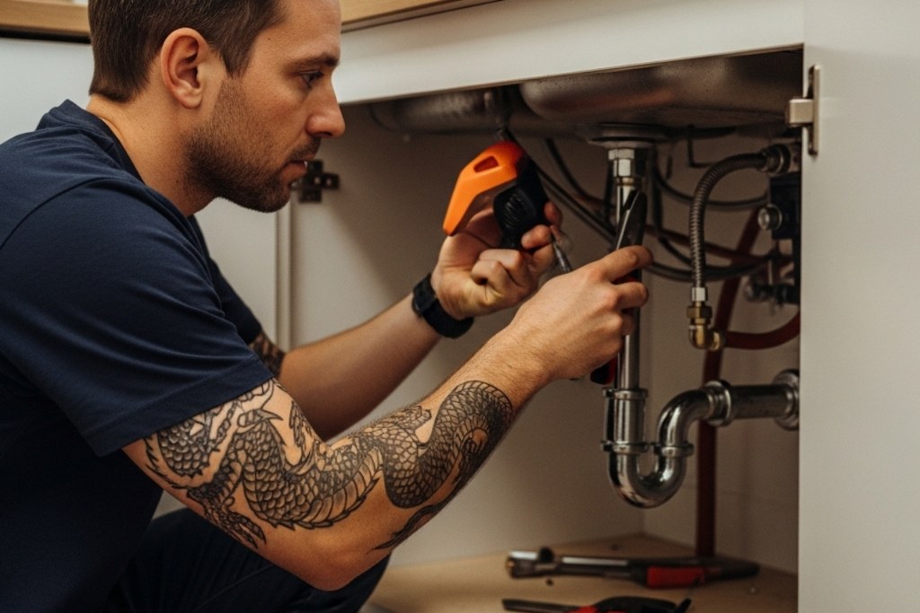 Male plumber working.
