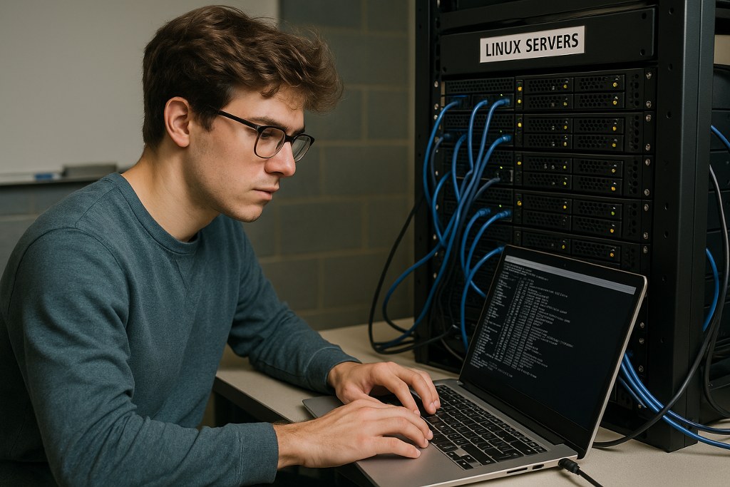 Male student reading learn linux quickly on tablet.