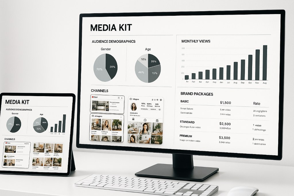 Media Kit demographics on a computer monitor and a tablet.