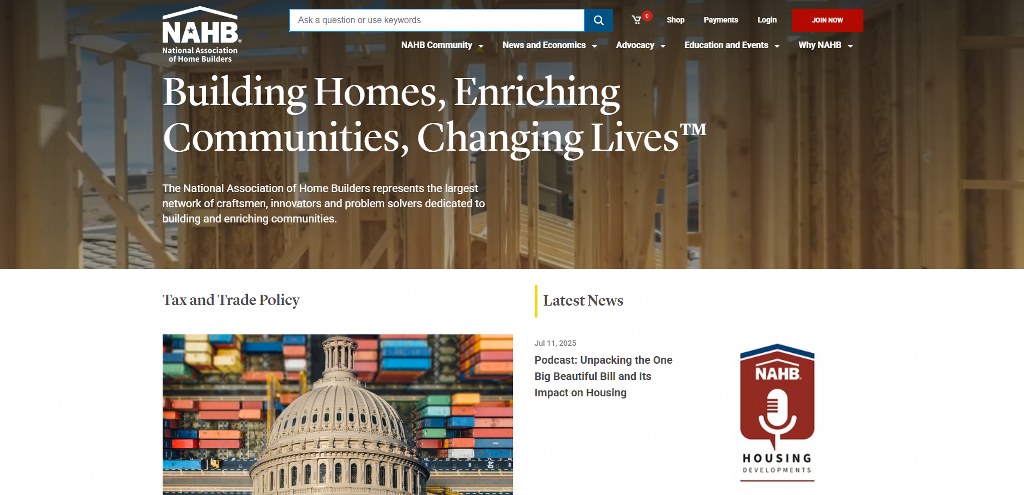 National Association of Home Builders website homepage.