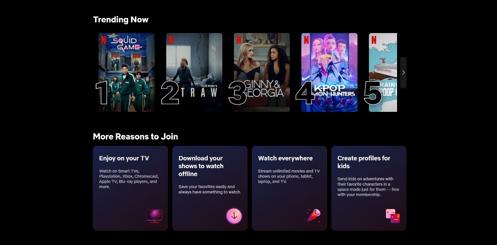Netflix's trending now page.