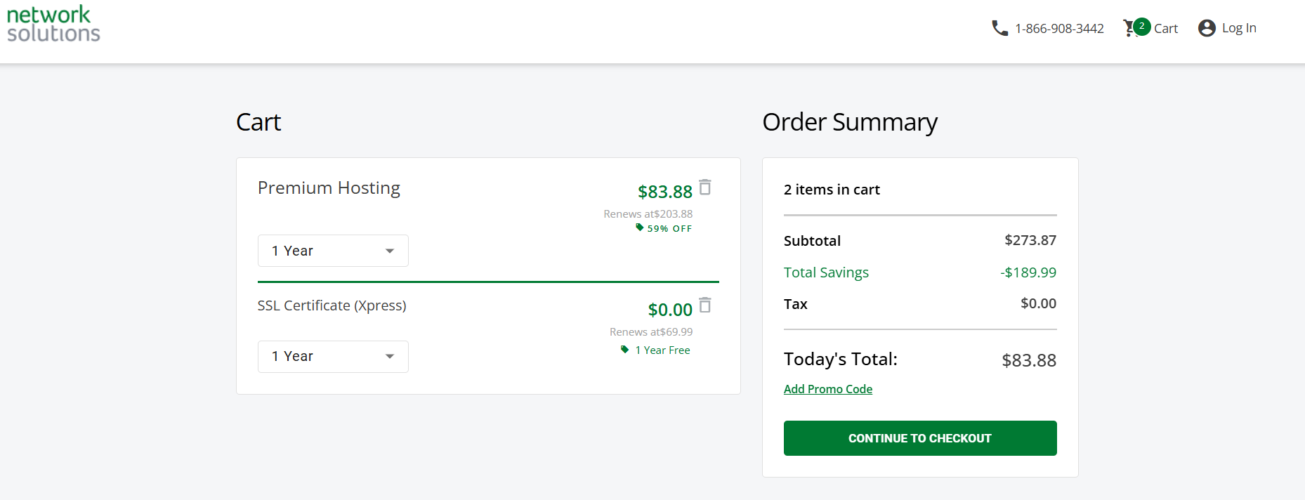 Screenshot of the cart