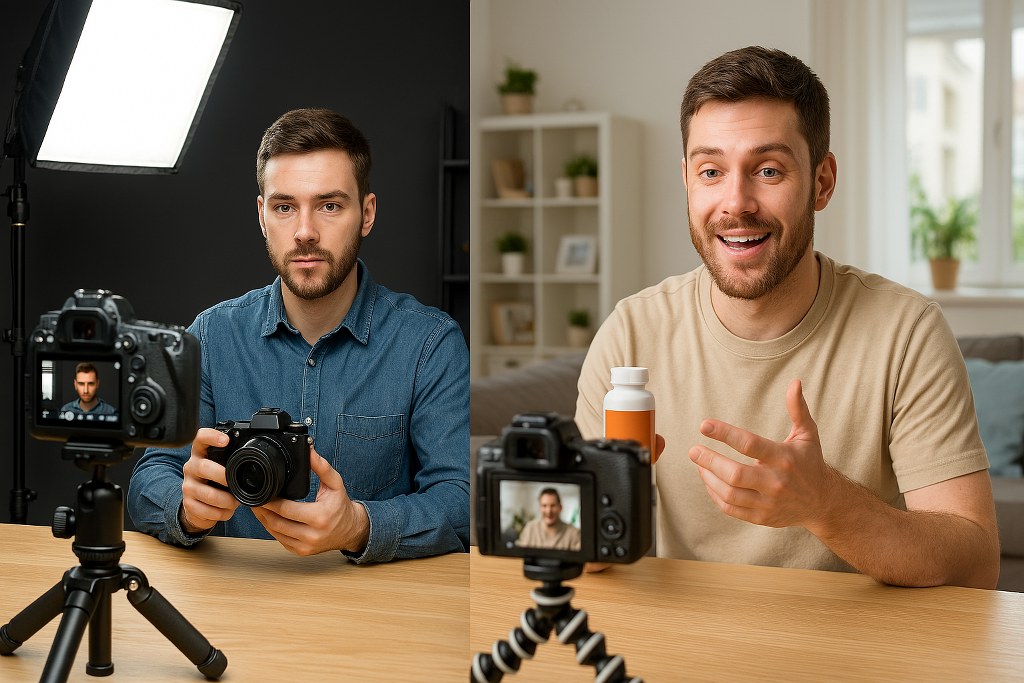 One YouTuber advertising a camera while the other advertises a skin care product.