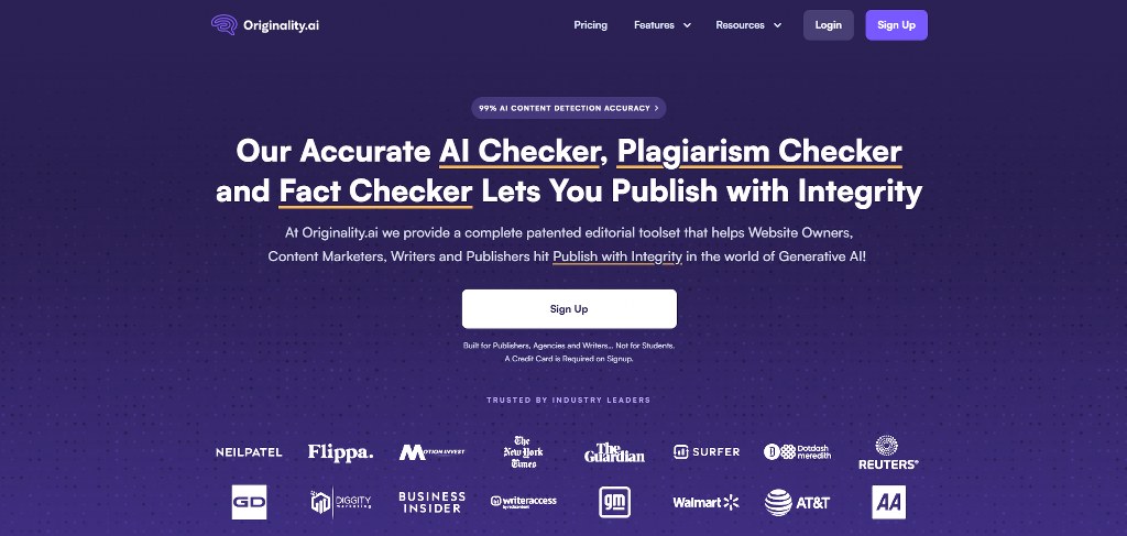 Originality.AI website landing page.