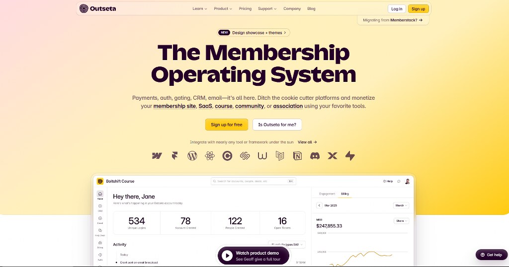 Outseta website landing page.