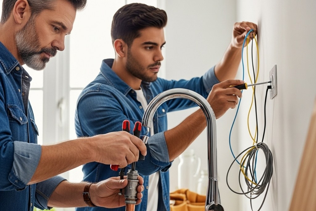 Plumber and electrician working together.