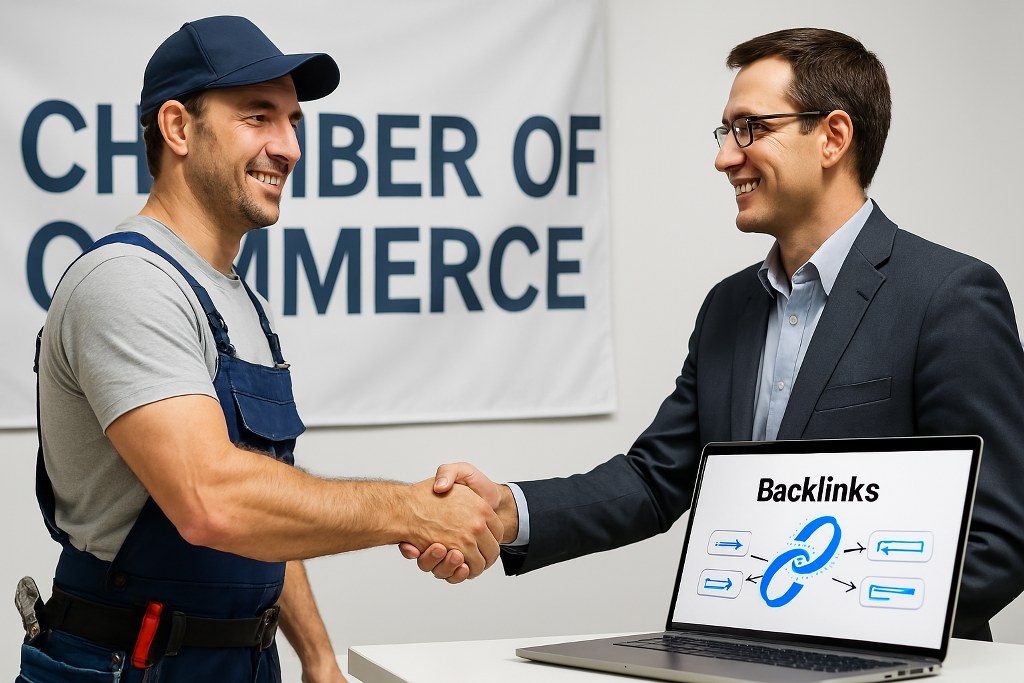 Plumber shaking hands with a local business partner with an open laptop illustrating backlinks.
