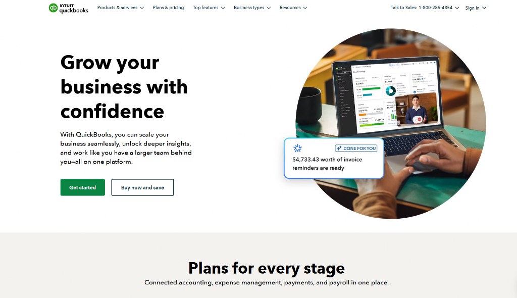 QuickBooks accounting software homepage.