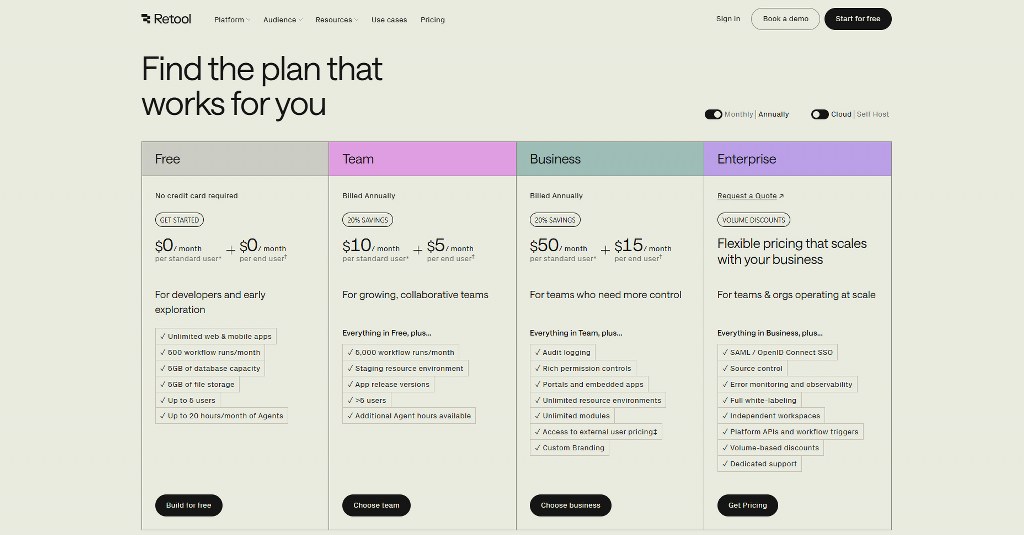 Retool pricing page.