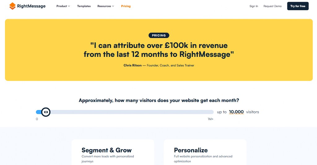 RightMessage pricing page.
