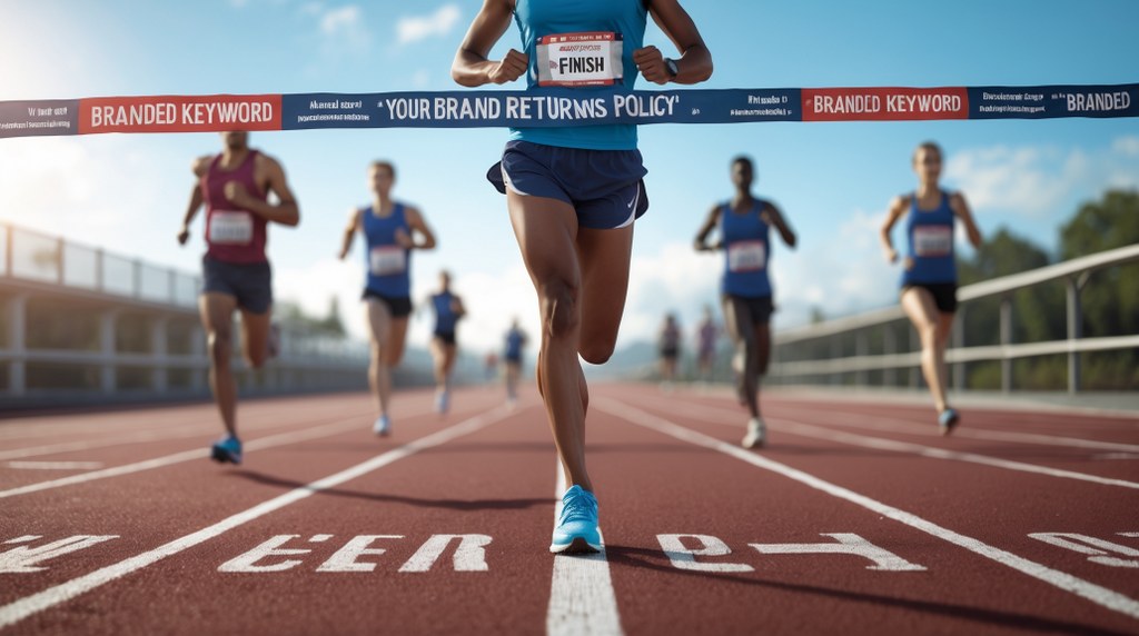 Runner crossing a finish line with a banner that has 