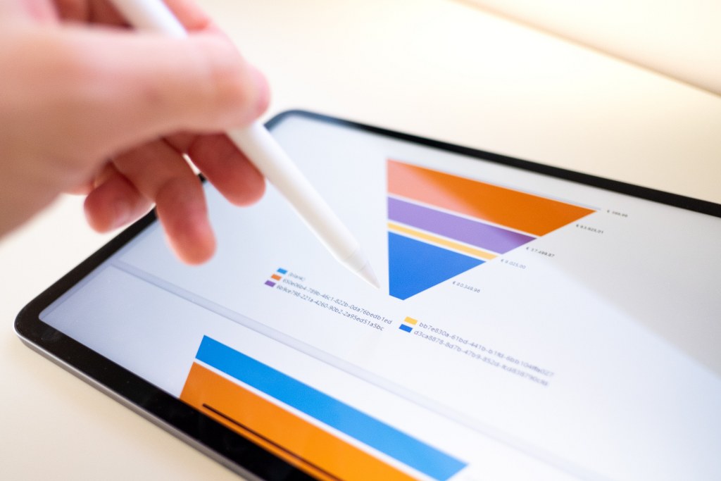 Sales marketing funnel showed on a tablet screen by a young marketer.