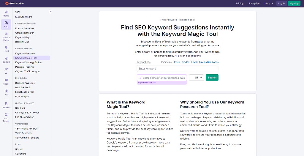 Semrush's Keyword Magic Tool webpage.