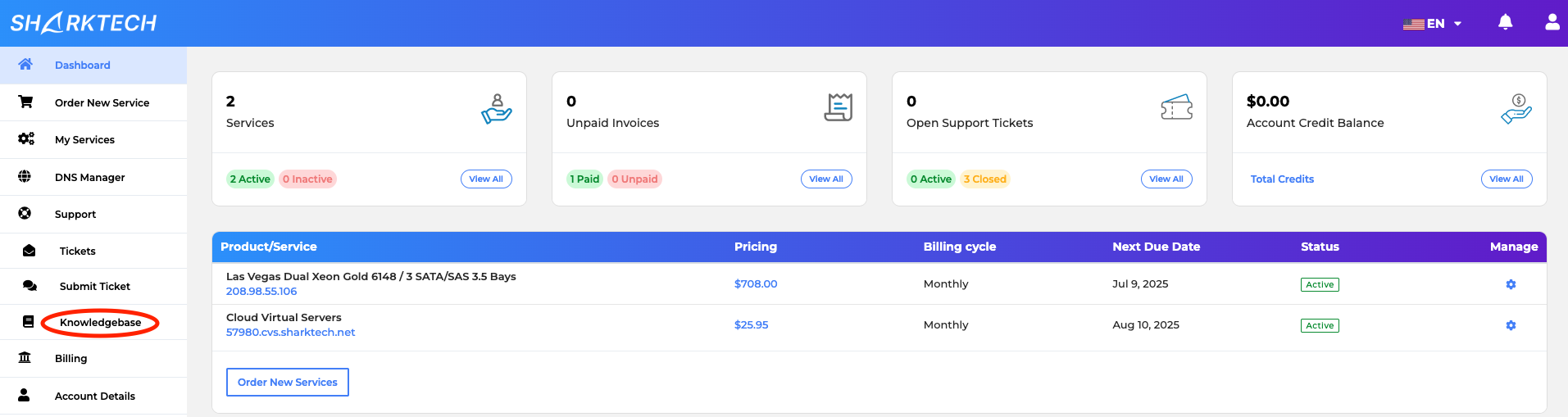 Knowledgebase button highlighted