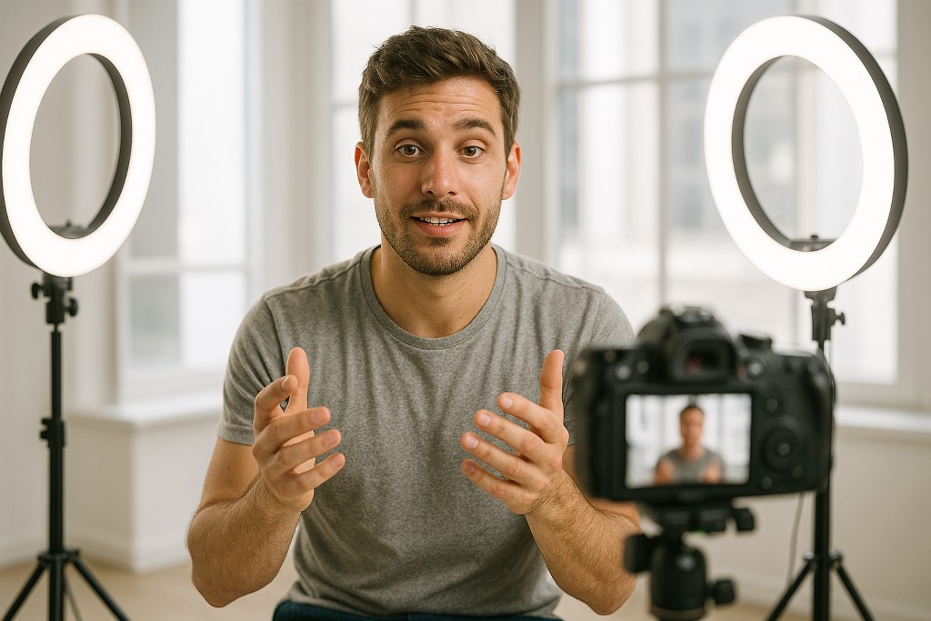 Shooting a video with ring lights to provide immersive lighting.
