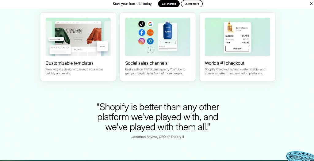 Shopify webpage with testimonials.
