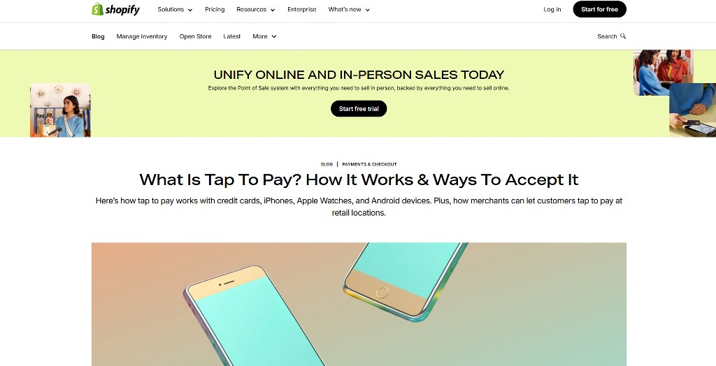 Shopify's Tap to Pay page showing their offerings.