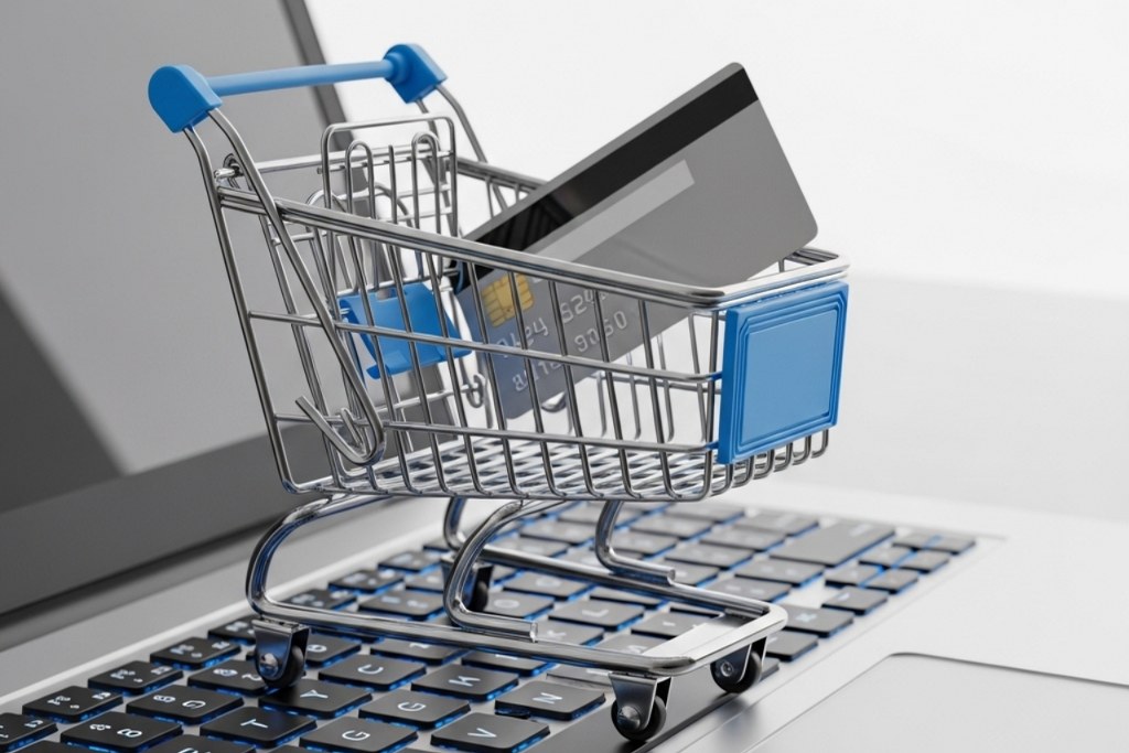 Shopping cart with creditcard on top of laptop.