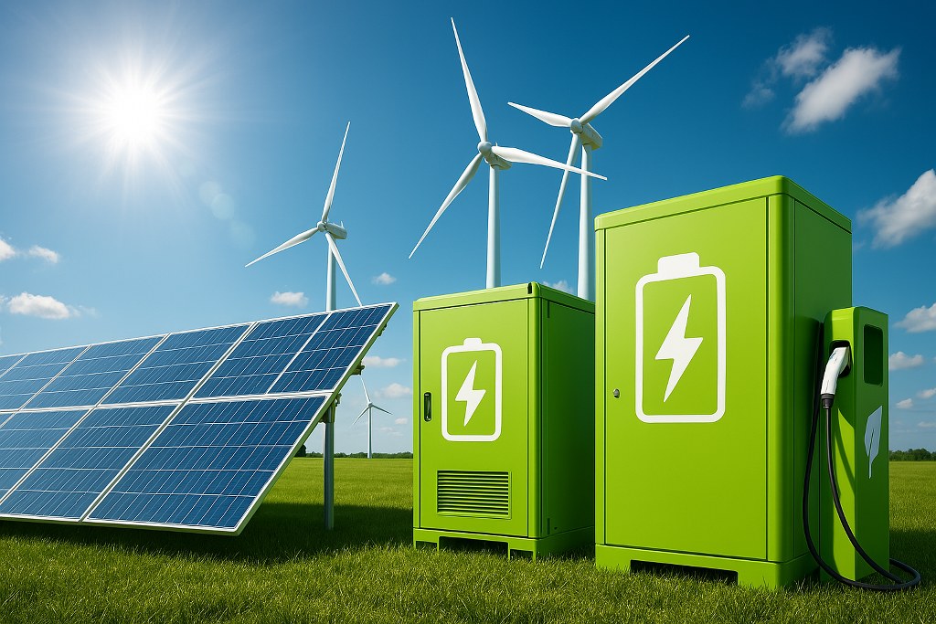 Solar panels, wind turbines and electric vehicle charging stations.
