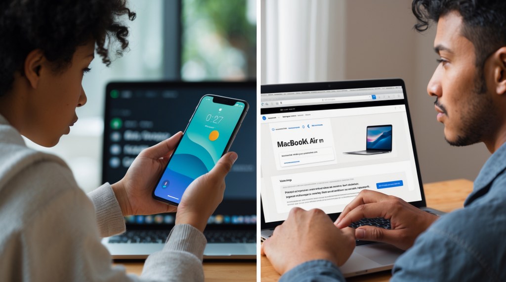 Split-screen comparison of two people searching for a laptop vs a specific brand