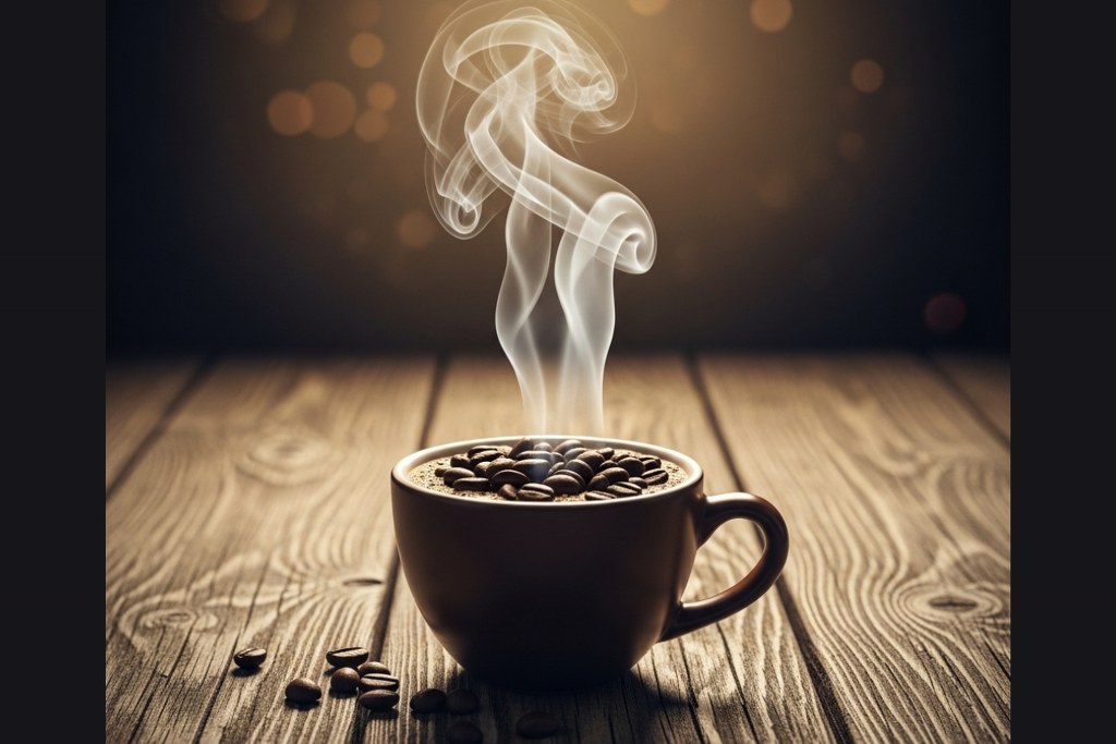 Steaming hot coffee on table.