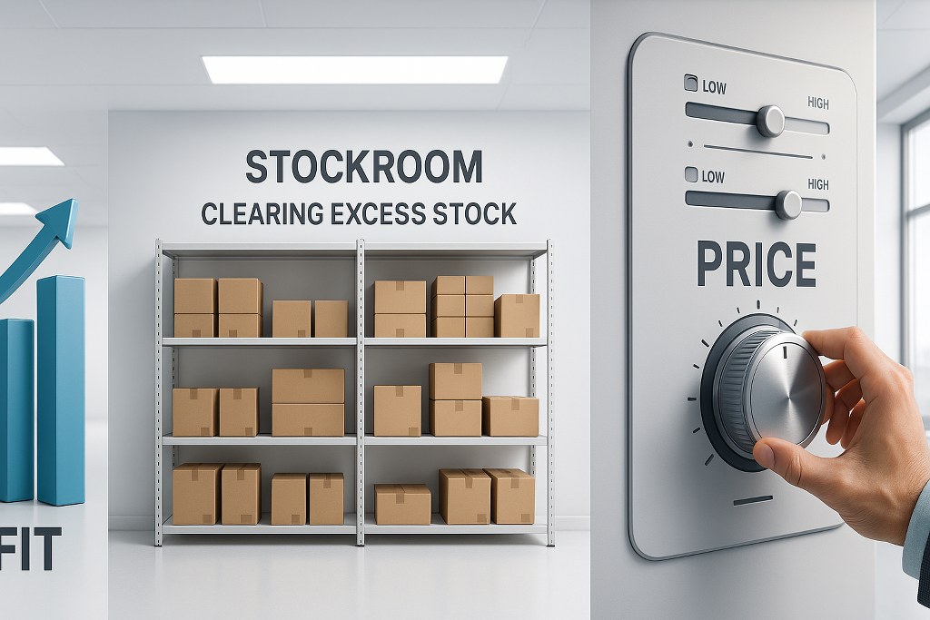 Stockroom shelves and price adjustment illustration.