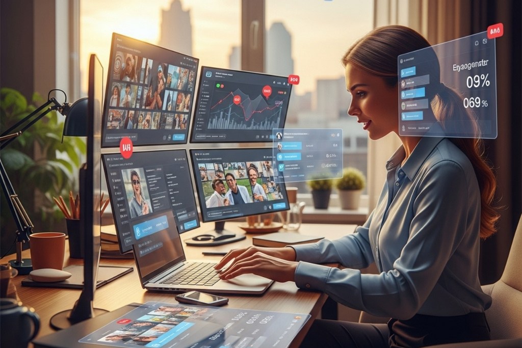 Successful female entrepreneur working in a modern, high-tech office.