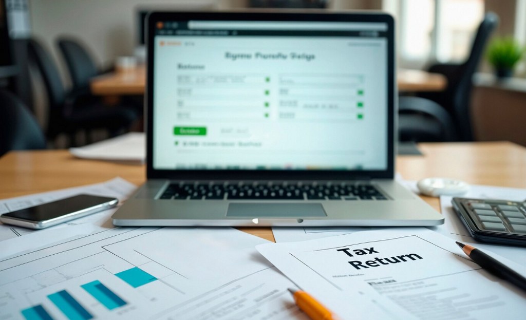 Tax filing on a laptop.