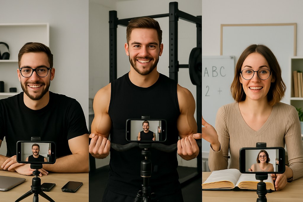 Tech, fitness and education Youtubers filming themselves with a phone camera on a tripod stand. 