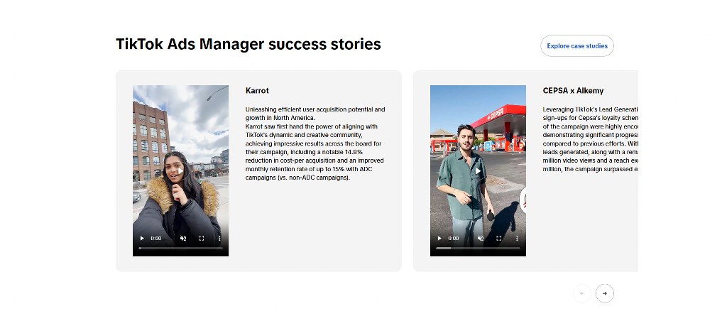 Tiktok Ads Manager success stories page.