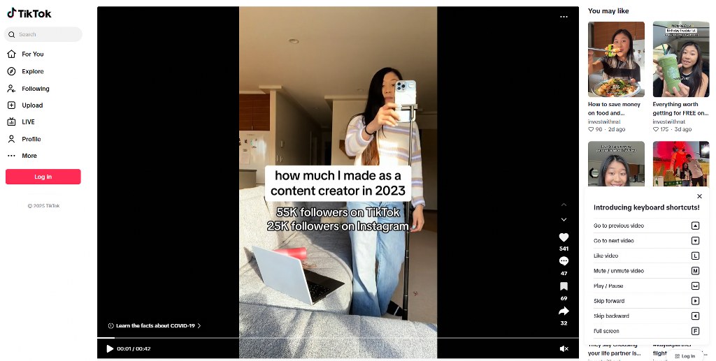 Tiktok video of woman who made a fortune creating content.