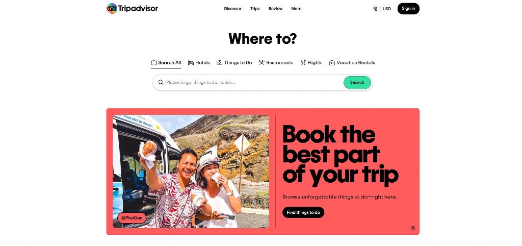 Tripadvisor website homepage.