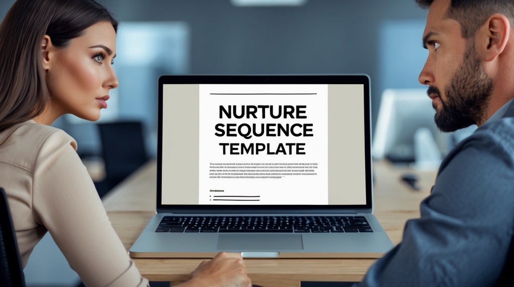 Two co-workers in front of a laptop looking at a nurture sequence template.