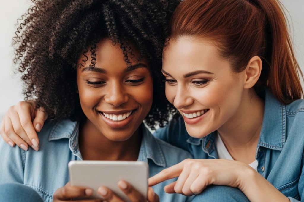 Two women friends sharing phone and smiling.