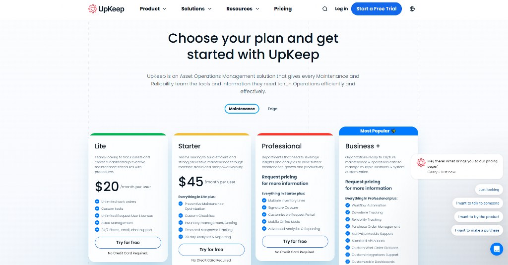 Upkeep pricing page.