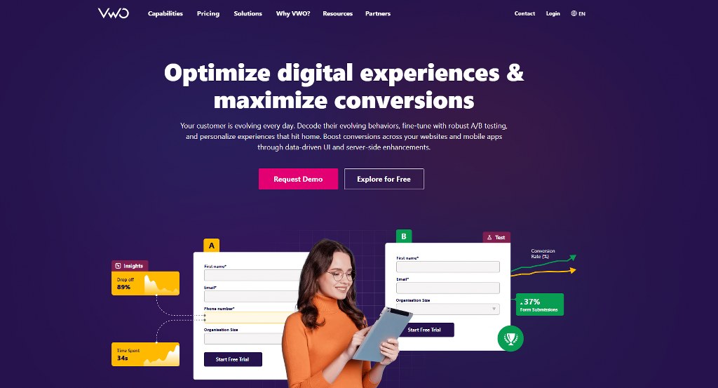VWO website homepage.