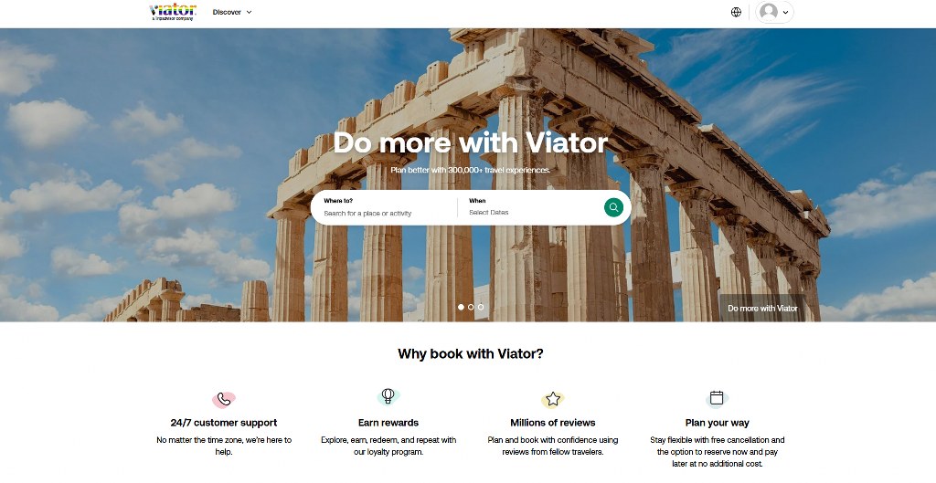 Viator website homepage.